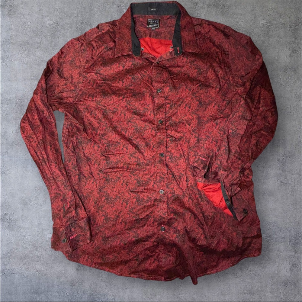 Guess Los Angeles Mens Slim Fit Long Sleeve Button Down Shirt Red Black XL